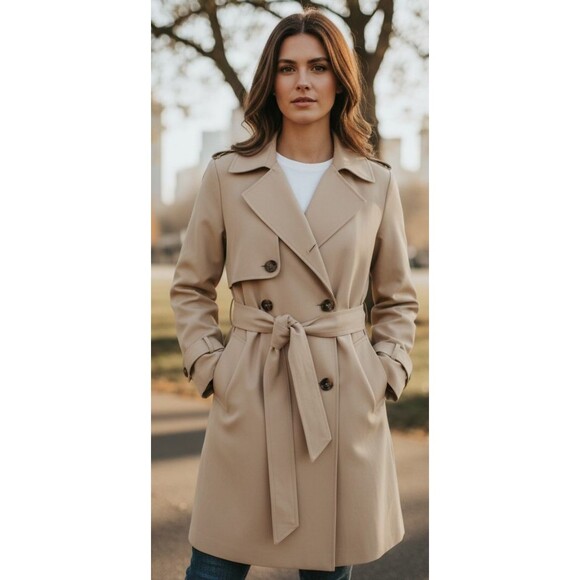 DESIGNER BATUNA BEIGE PLEATED DETAIL BELTED TRENCH COAT SIZE XLARGE - Picture 11 of 15